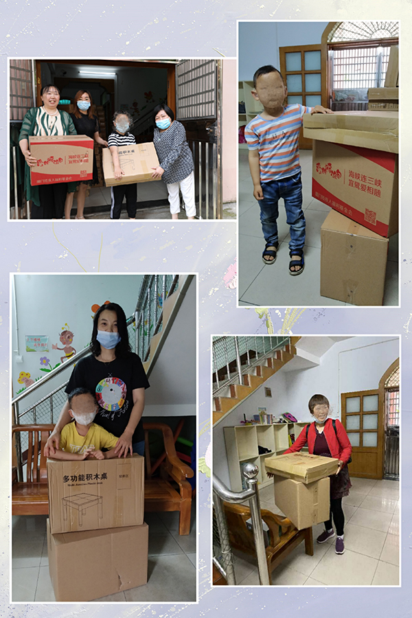 爱心礼包中包含有：丰富的厦门特色食品以及积木玩具，还有厦门小朋友亲手绘制的图画及温情祝福。